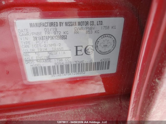 3N1AB7AP9KY298952 Nissan Sentra S/sv/sr/sl