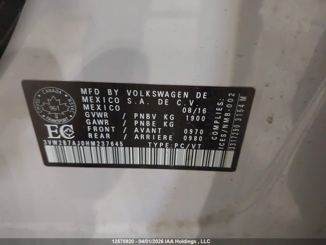 12575920 :رقم المزاد ، 3VW2B7AJ0HM237645 vin ، 2017 Volkswagen Jetta 1.4 Tsi Trendline+ مزاد بيع