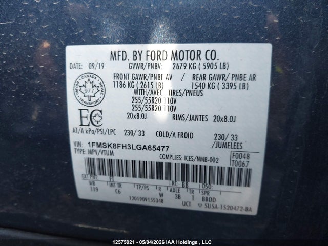 12575921 :رقم المزاد ، 1FMSK8FH3LGA65477 vin ، 2020 Ford Explorer Limited مزاد بيع
