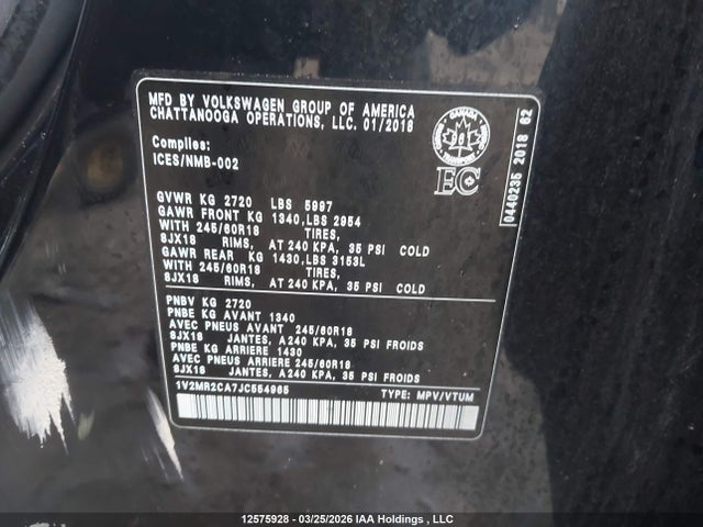 Продаж на аукціоні авто 2018 Volkswagen Atlas 3.6 Fsi Highline, vin: 1V2MR2CA7JC554965, номер лоту: 12575928