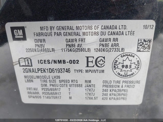 Aukcja sprzedaży 2013 Chevrolet Equinox 2lt, vin: 2GNALPEK1D6193746, numer aukcji: 12575103