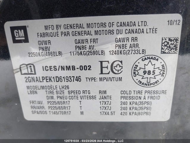 Aukcja sprzedaży 2013 Chevrolet Equinox 2lt, vin: 2GNALPEK1D6193746, numer aukcji: 12575103