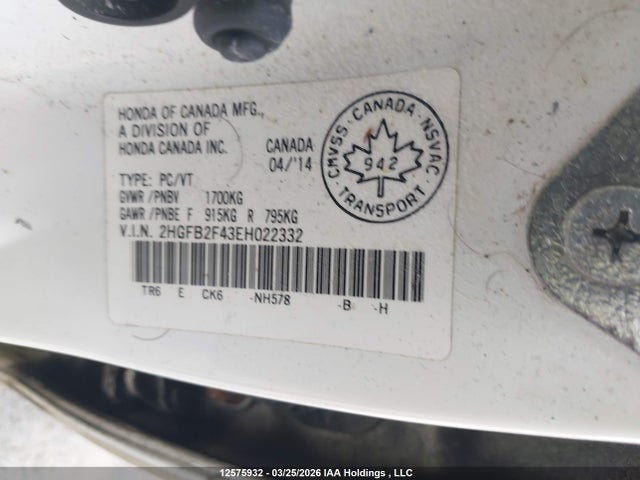 Aukcja sprzedaży 2014 Honda Civic Lx, vin: 2HGFB2F43EH022332, numer aukcji: 12575932