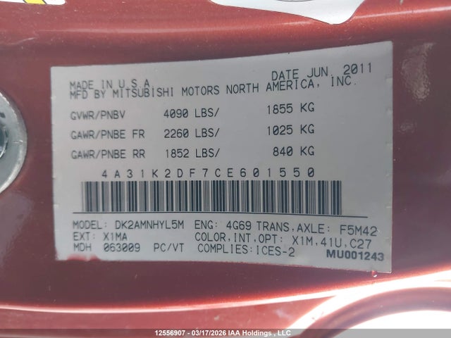 Продажа на аукционе авто 2012 Mitsubishi Eclipse Gs, vin: 4A31K2DF7CE601550, номер лота: 12556907