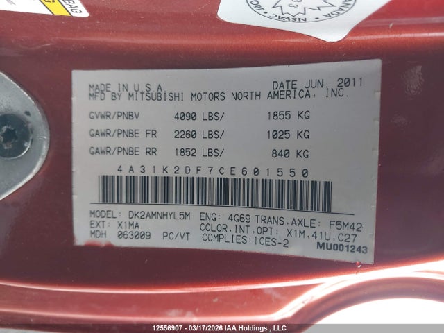 Продажа на аукционе авто 2012 Mitsubishi Eclipse Gs, vin: 4A31K2DF7CE601550, номер лота: 12556907