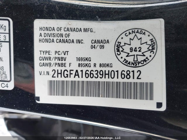Aukcja sprzedaży 2009 Honda Civic Sport, vin: 2HGFA16639H016812, numer aukcji: 12553983