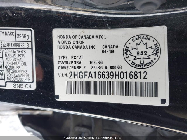 Aukcja sprzedaży 2009 Honda Civic Sport, vin: 2HGFA16639H016812, numer aukcji: 12553983