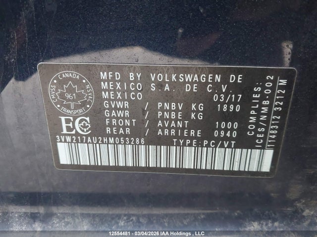 Продаж на аукціоні авто 2017 Volkswagen Golf 1.8 Tsi Comfortline/1.8 Tsi Highline/1.8 Tsi Trendline, vin: 3VW217AU2HM053286, номер лоту: 12554481