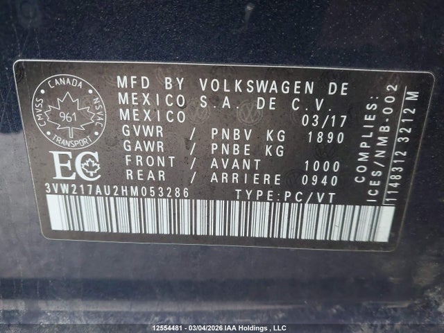 Продаж на аукціоні авто 2017 Volkswagen Golf 1.8 Tsi Comfortline/1.8 Tsi Highline/1.8 Tsi Trendline, vin: 3VW217AU2HM053286, номер лоту: 12554481