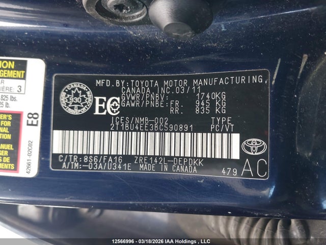 12566996 :رقم المزاد ، 2T1BU4EE3BC590891 vin ، 2011 Toyota Corolla Ce مزاد بيع