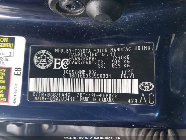 12566996 :رقم المزاد ، 2T1BU4EE3BC590891 vin ، 2011 Toyota Corolla Ce مزاد بيع