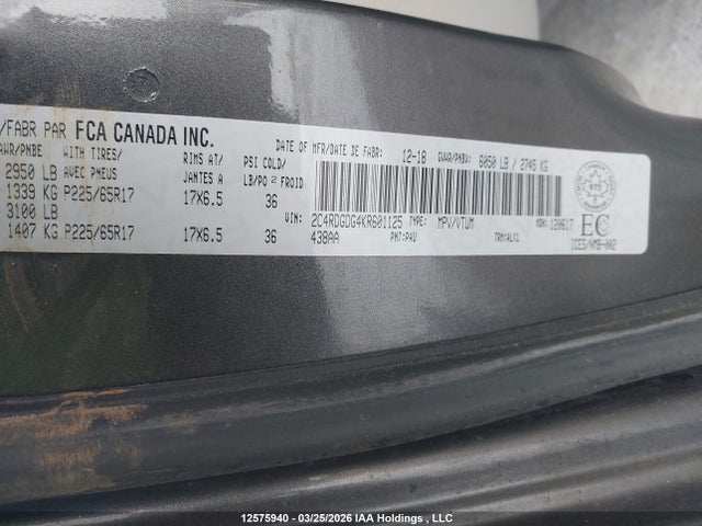 Aukcja sprzedaży 2019 Dodge Grand Caravan Crew, vin: 2C4RDGDG4KR601125, numer aukcji: 12575940