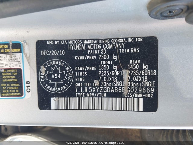 Aukcja sprzedaży 2011 Hyundai Santa Fe Gl 2.4 Premium, vin: 5XYZGDAB6BG029669, numer aukcji: 12572221