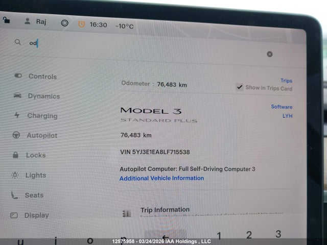 2020 Tesla Model 3 მანქანა იყიდება აუქციონზე, vin: 5YJ3E1EA8LF715538, აუქციონის ნომერი: 12575958
