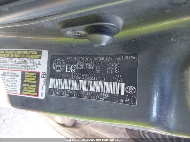 12551136 :رقم المزاد ، 2T1BU4EE0CC842064 vin ، 2012 Toyota Corolla Ce مزاد بيع