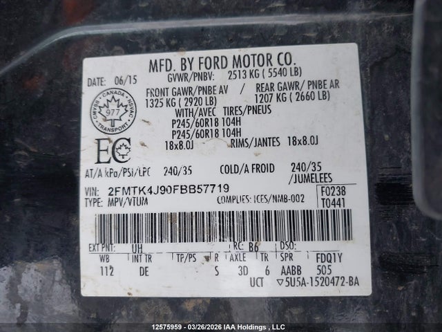 2015 Ford Edge Sel მანქანა იყიდება აუქციონზე, vin: 2FMTK4J90FBB57719, აუქციონის ნომერი: 12575959