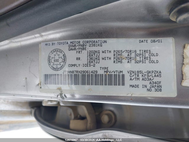 Aukcja sprzedaży 2002 Toyota 4runner Limited, vin: JT3HN87RX29061429, numer aukcji: 12575967