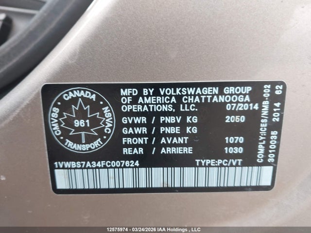 12575974 :رقم المزاد ، 1VWBS7A34FC007624 vin ، 2015 Volkswagen Passat 1.8 Tsi Comfortline مزاد بيع