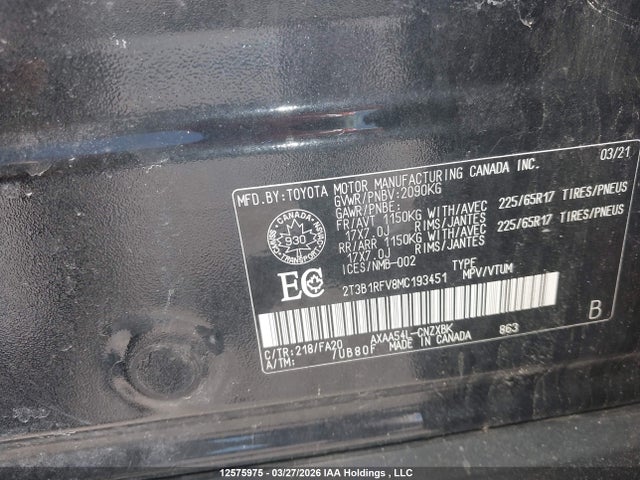 2021 Toyota Rav4 Le მანქანა იყიდება აუქციონზე, vin: 2T3B1RFV8MC193451, აუქციონის ნომერი: 12575975