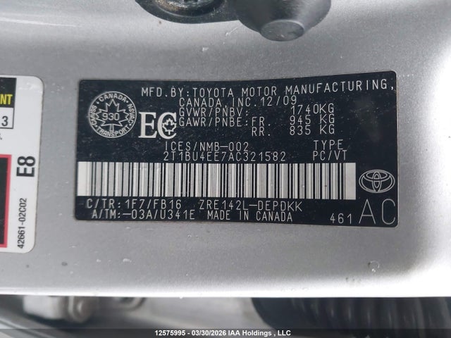 12575995 :رقم المزاد ، 2T1BU4EE7AC321582 vin ، 2010 Toyota Corolla مزاد بيع