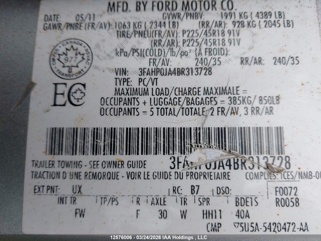 Aukcja sprzedaży 2011 Ford Fusion Sel, vin: 3FAHP0JA4BR313728, numer aukcji: 12576006