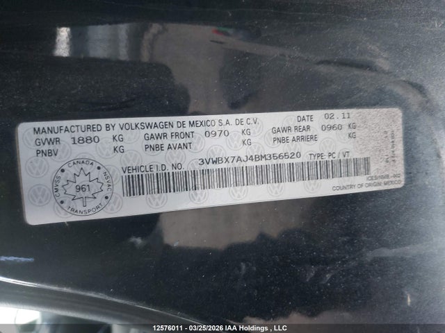 Продажа на аукционе авто 2011 Volkswagen Jetta 2.5l Comfortline/2.5l Sportline, vin: 3VWBX7AJ4BM356520, номер лота: 12576011