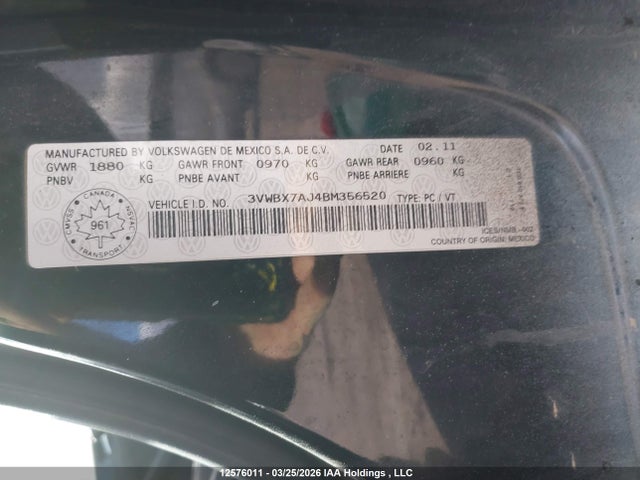 Продажа на аукционе авто 2011 Volkswagen Jetta 2.5l Comfortline/2.5l Sportline, vin: 3VWBX7AJ4BM356520, номер лота: 12576011
