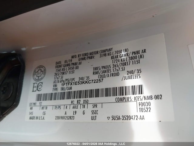 2019 Ford F150 Super Cab მანქანა იყიდება აუქციონზე, vin: 1FTFX1E53KKC72257, აუქციონის ნომერი: 12576022