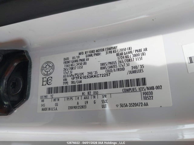 2019 Ford F150 Super Cab მანქანა იყიდება აუქციონზე, vin: 1FTFX1E53KKC72257, აუქციონის ნომერი: 12576022