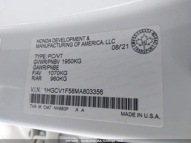 1HGCV1F58MA803356 Honda Accord Ex-l 1.5t
