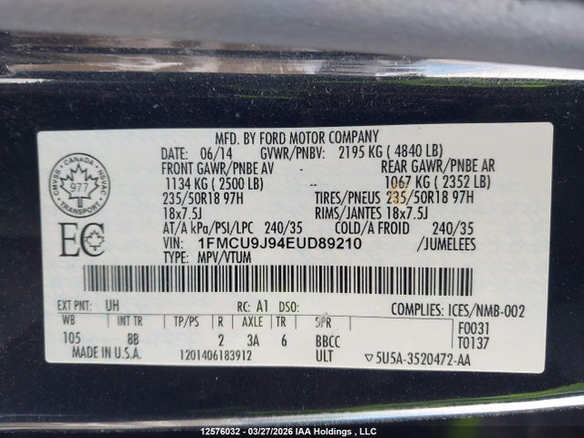 Aukcja sprzedaży 2014 Ford Escape Titanium, vin: 1FMCU9J94EUD89210, numer aukcji: 12576032