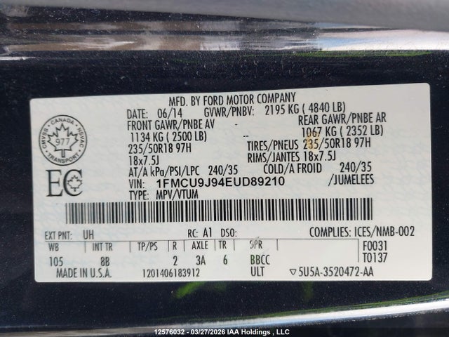 Aukcja sprzedaży 2014 Ford Escape Titanium, vin: 1FMCU9J94EUD89210, numer aukcji: 12576032