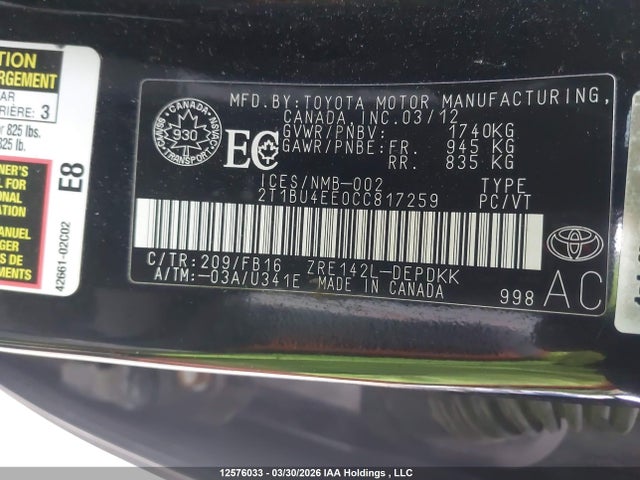 12576033 :رقم المزاد ، 2T1BU4EE0CC817259 vin ، 2012 Toyota Corolla Ce مزاد بيع