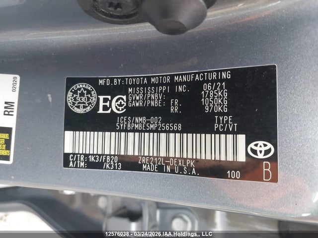 Aukcja sprzedaży 2021 Toyota Corolla Le, vin: 5YFBPMBE5MP256568, numer aukcji: 12576038