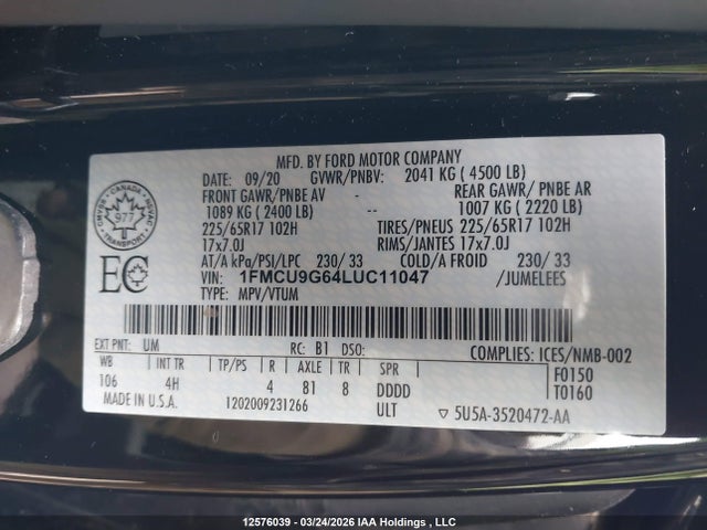 Продаж на аукціоні авто 2020 Ford Escape, vin: 1FMCU9G64LUC11047, номер лоту: 12576039