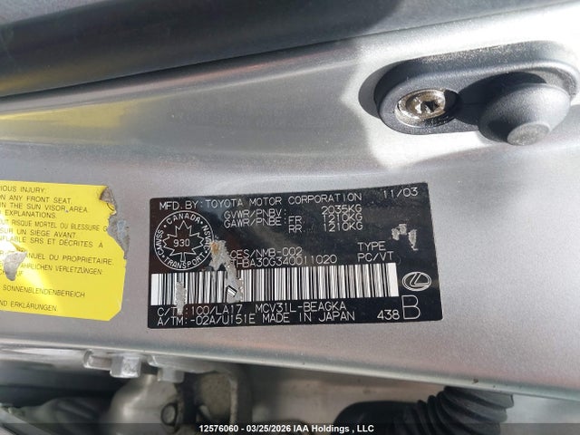 12576060 :رقم المزاد ، JTHBA30G340011020 vin ، 2004 Lexus Es 330 مزاد بيع