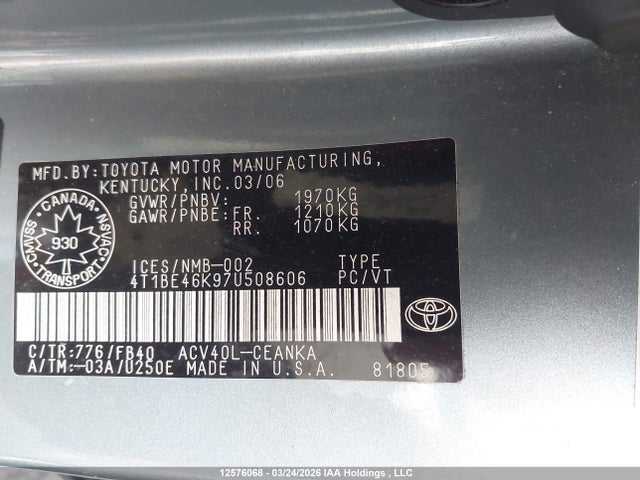 Aukcja sprzedaży 2007 Toyota Camry Ce/le/xle/se, vin: 4T1BE46K97U508606, numer aukcji: 12576068
