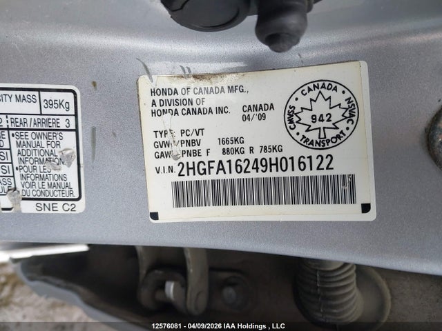 2009 Honda Civic Dx მანქანა იყიდება აუქციონზე, vin: 2HGFA16249H016122, აუქციონის ნომერი: 12576081