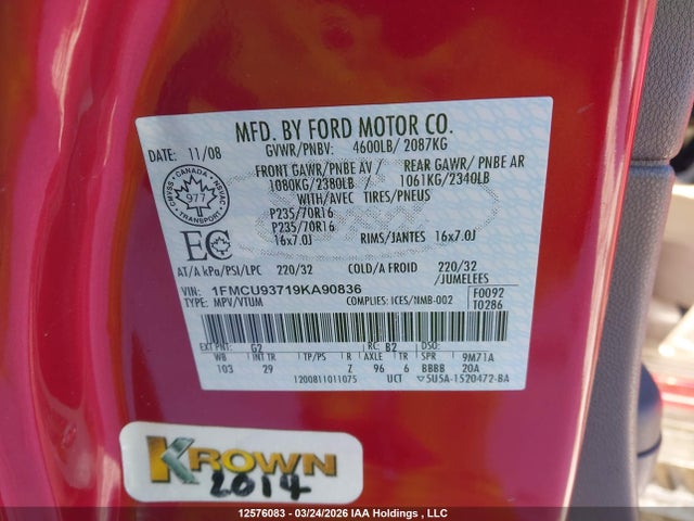 12576083 :رقم المزاد ، 1FMCU93719KA90836 vin ، 2009 Ford Escape مزاد بيع