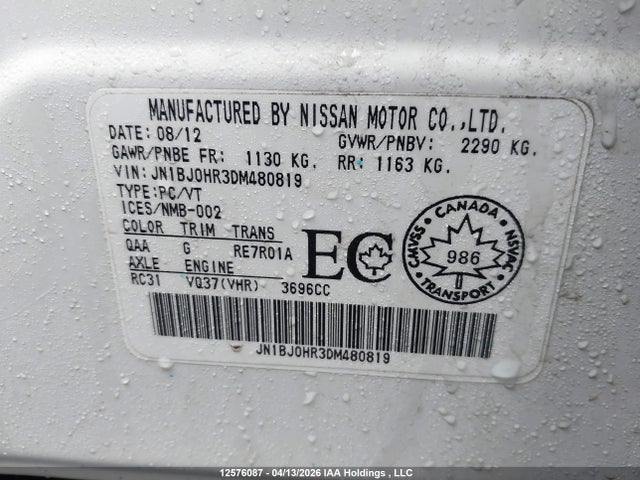 12576087 :رقم المزاد ، JN1BJ0HR3DM480819 vin ، 2013 Infiniti Ex37 Journey مزاد بيع