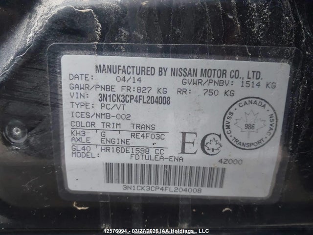 3N1CK3CP4FL204008 Nissan Micra S/sr/sv