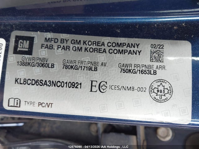 12576098 :رقم المزاد ، KL8CD6SA3NC010921 vin ، 2022 Chevrolet Spark 1lt Cvt مزاد بيع