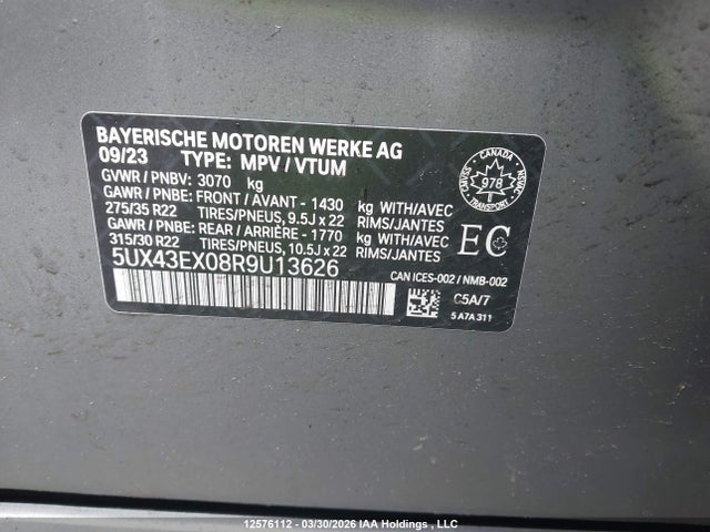 2024 Bmw X6 M60i მანქანა იყიდება აუქციონზე, vin: 5UX43EX08R9U13626, აუქციონის ნომერი: 12576112