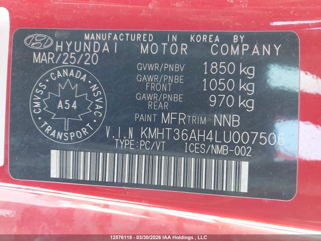 12576118 :رقم المزاد ، KMHT36AH4LU007506 vin ، 2020 Hyundai Veloster N مزاد بيع