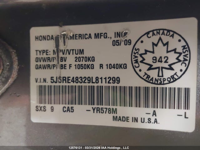 Aukcja sprzedaży 2009 Honda Cr-v Lx, vin: 5J6RE48329L811299, numer aukcji: 12576131
