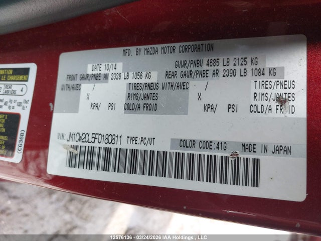 Aukcja sprzedaży 2015 Mazda Mazda5 Gs, vin: JM1CW2CL5F0180811, numer aukcji: 12576136