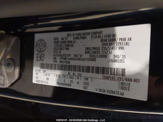 Продаж на аукціоні авто 2019 Ford Escape Se, vin: 1FMCU9GD3KUC13305, номер лоту: 12576137