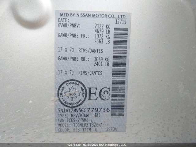 5N1AT2MV5GC779736 Nissan Rogue S/sl Premium/sv