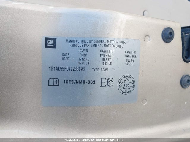 Aukcja sprzedaży 2007 Chevrolet Cobalt Lt, vin: 1G1AL55F077288098, numer aukcji: 12569309