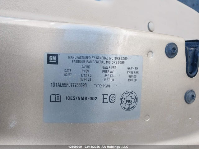 Aukcja sprzedaży 2007 Chevrolet Cobalt Lt, vin: 1G1AL55F077288098, numer aukcji: 12569309